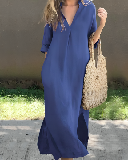 Femme Robe Longue Oversize col en V et Manches Trois-Quarts avec Poches