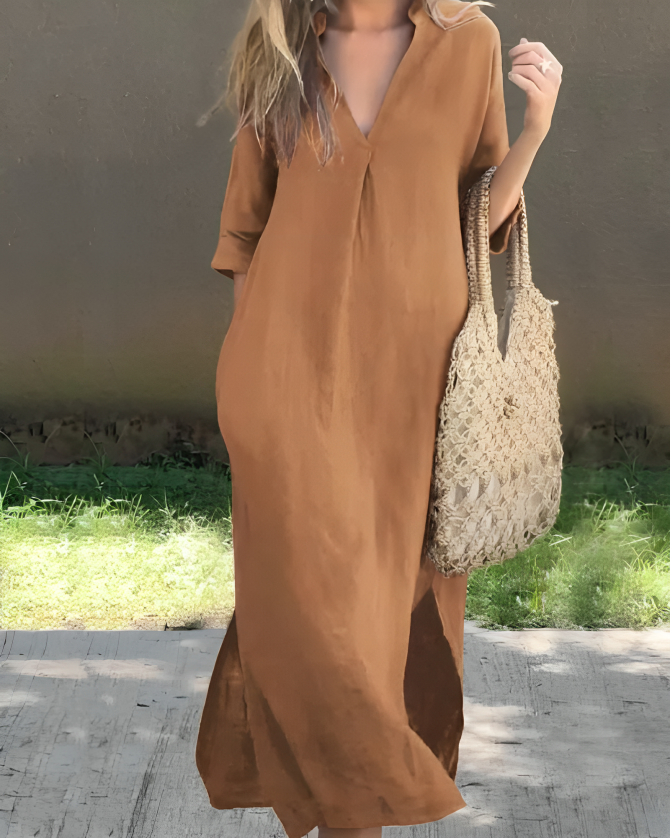 Femme Robe Longue Oversize col en V et Manches Trois-Quarts avec Poches