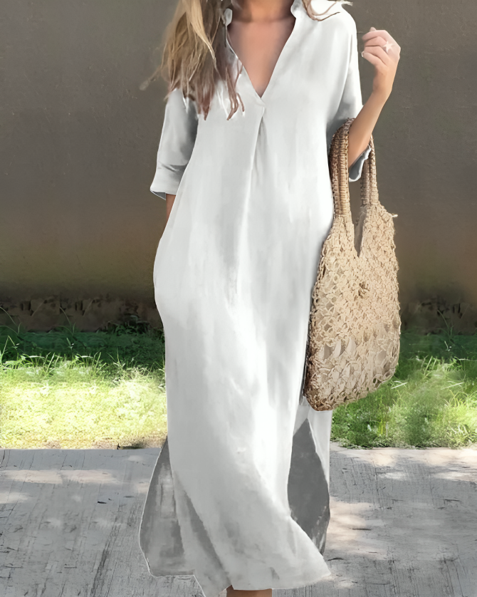 Femme Robe Longue Oversize col en V et Manches Trois-Quarts avec Poches