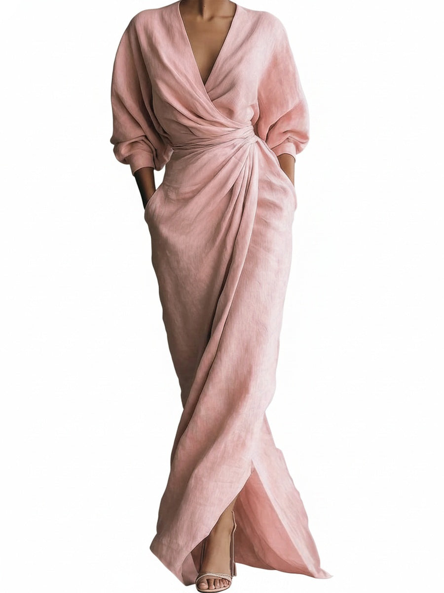 Femme Robe Longue Portefeuille avec Col en V et Manches Trois-Quarts