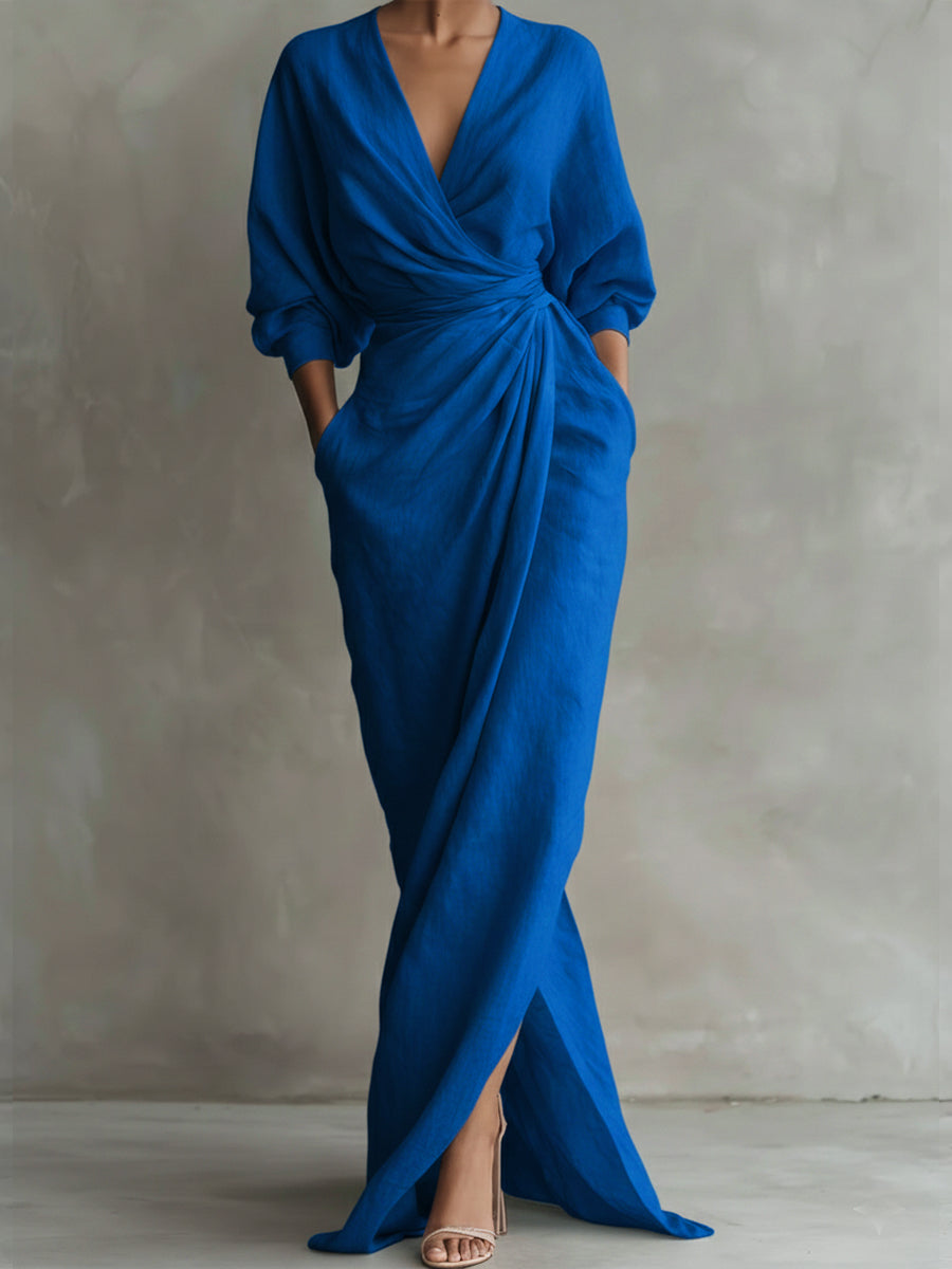 Femme Robe Longue Portefeuille avec Col en V et Manches Trois-Quarts