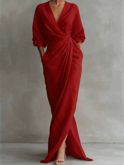 Femme Robe Longue Portefeuille avec Col en V et Manches Trois-Quarts