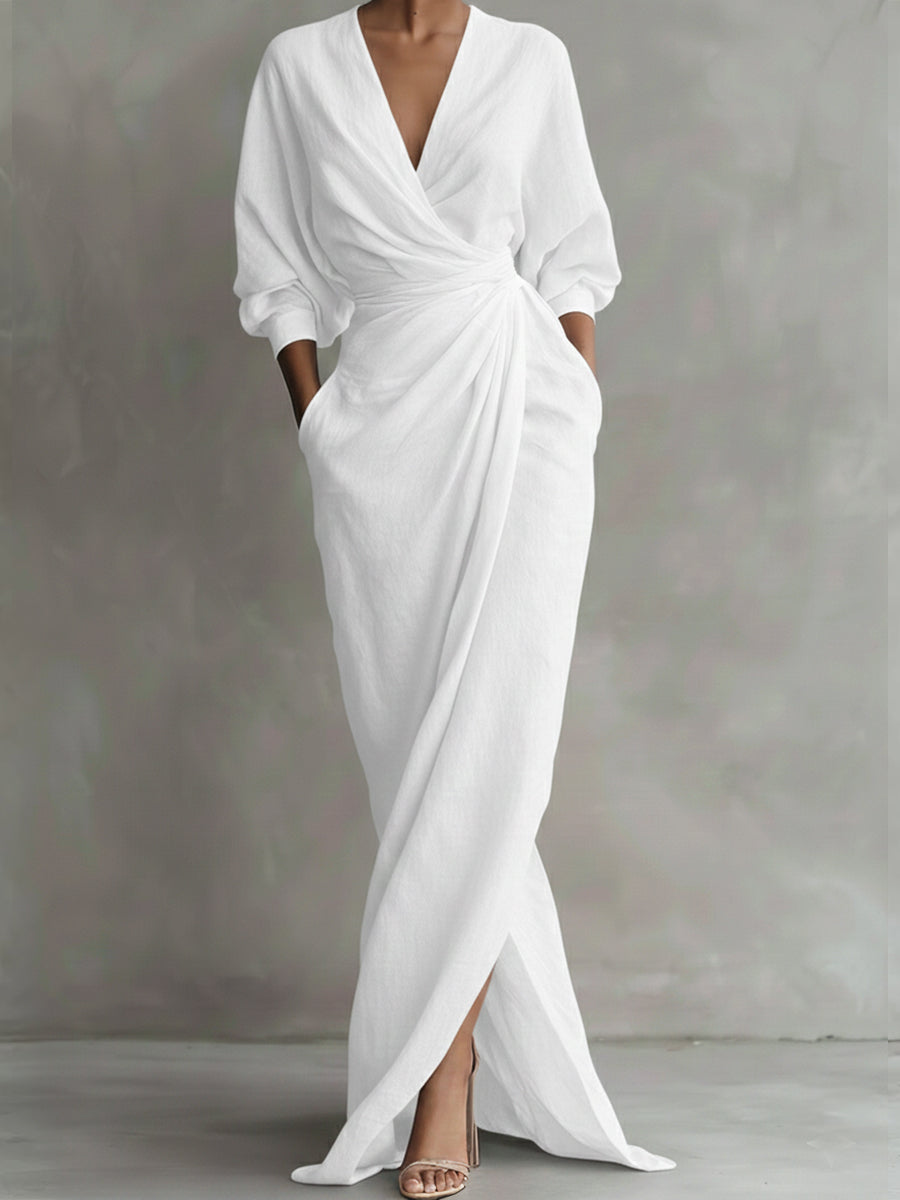 Femme Robe Longue Portefeuille avec Col en V et Manches Trois-Quarts