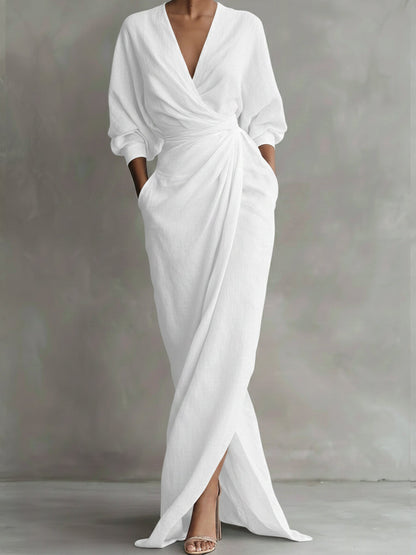 Femme Robe Longue Portefeuille avec Col en V et Manches Trois-Quarts