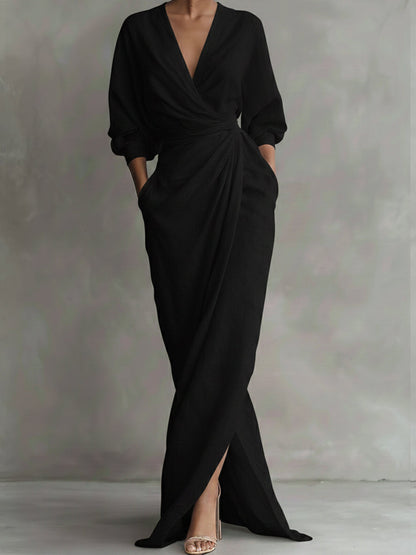 Femme Robe Longue Portefeuille avec Col en V et Manches Trois-Quarts