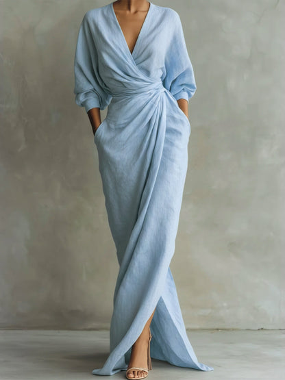 Femme Robe Longue Portefeuille avec Col en V et Manches Trois-Quarts