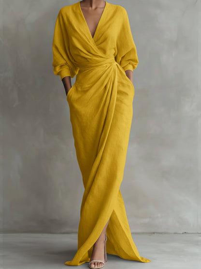 Femme Robe Longue Portefeuille avec Col en V et Manches Trois-Quarts