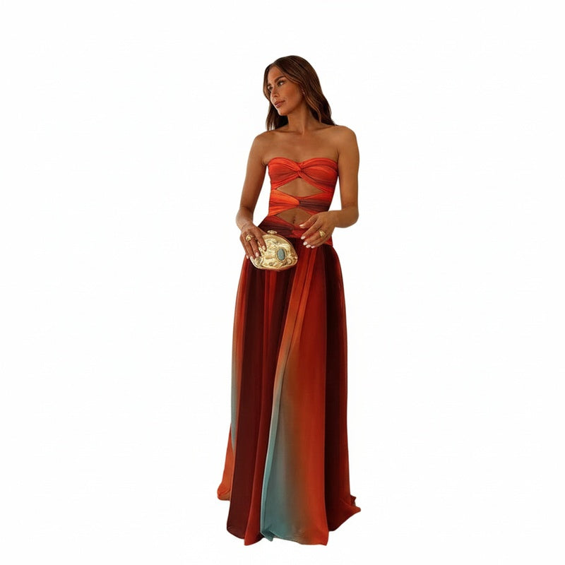 Femme Robe Longue sans Bretelles avec Découpes et Fente