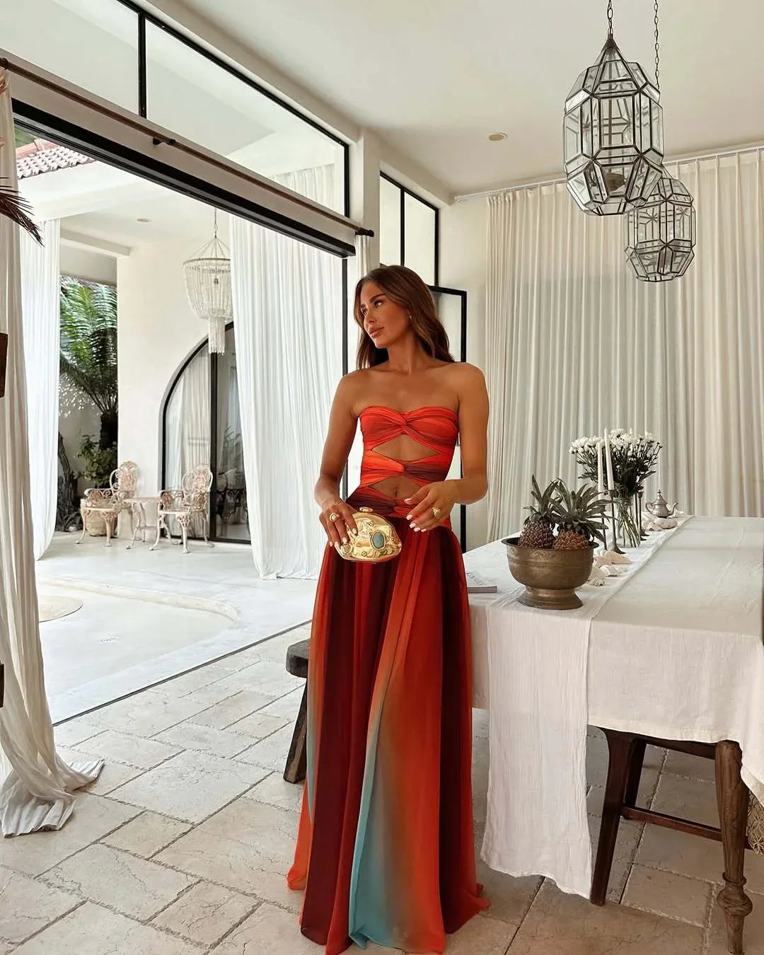 Femme Robe Longue sans Bretelles avec Découpes et Fente