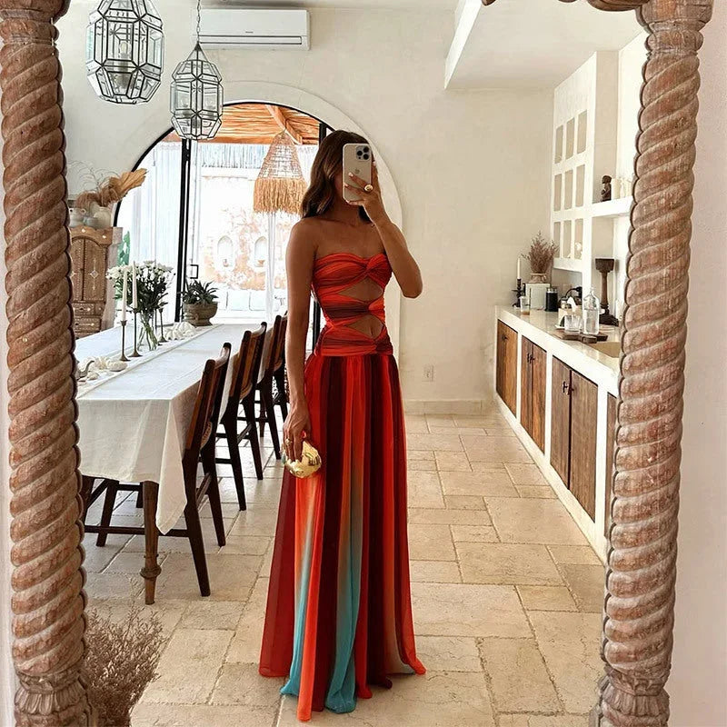 Femme Robe Longue sans Bretelles avec Découpes et Fente