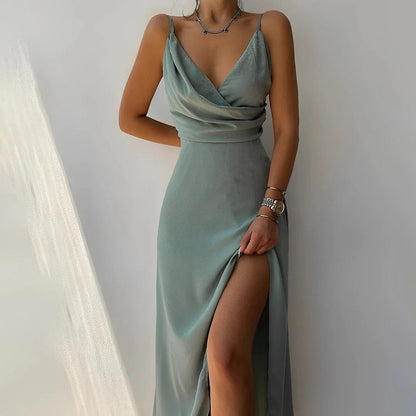 Femme Robe Longue sans Manches à Col en V Drapé avec Bretelles Fines et Fente