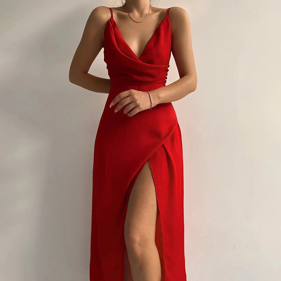 Femme Robe Longue sans Manches à Col en V Drapé avec Bretelles Fines et Fente