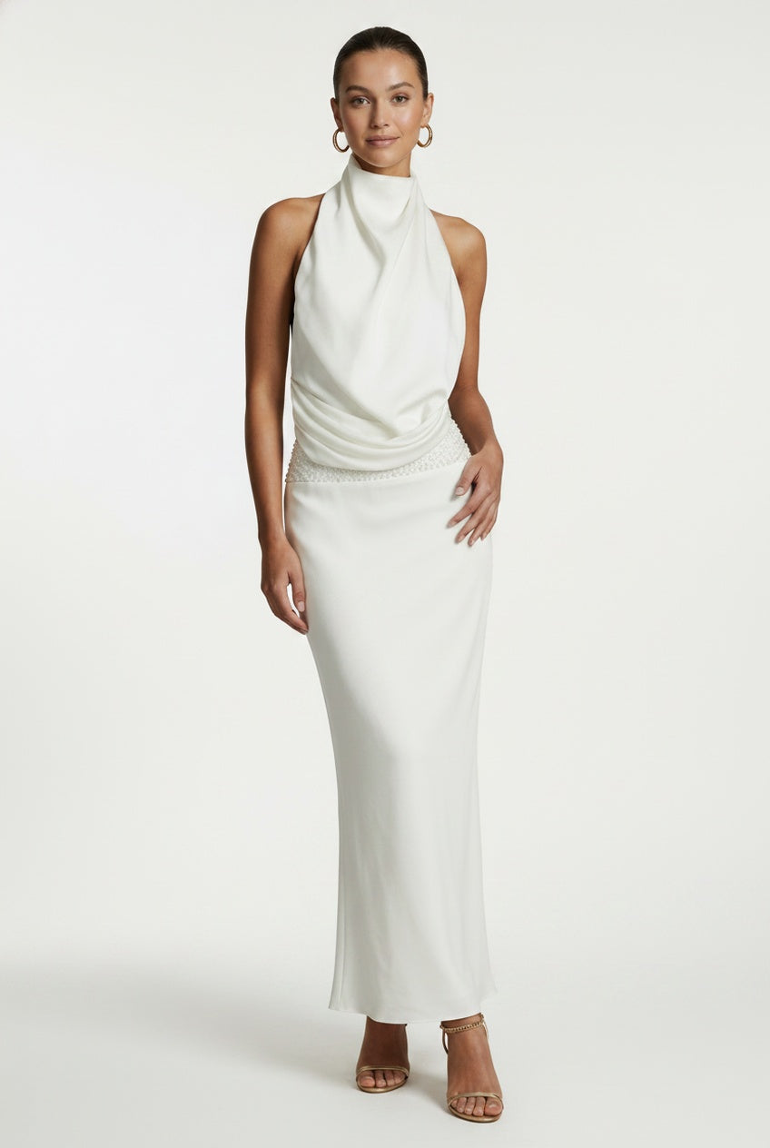 Femme Robe Longue Sans Manches col Halter Drapée avec Dos Nu et Perles