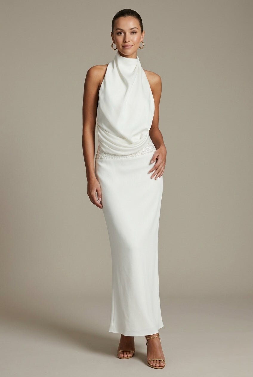 Femme Robe Longue Sans Manches col Halter Drapée avec Dos Nu et Perles