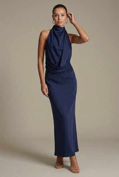 Femme Robe Longue Sans Manches col Halter Drapée avec Dos Nu et Perles