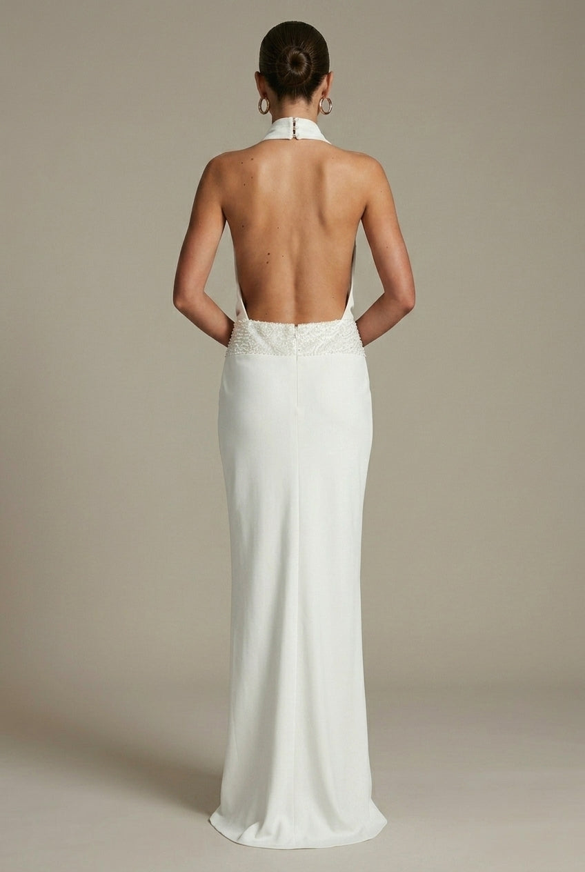 Femme Robe Longue Sans Manches col Halter Drapée avec Dos Nu et Perles