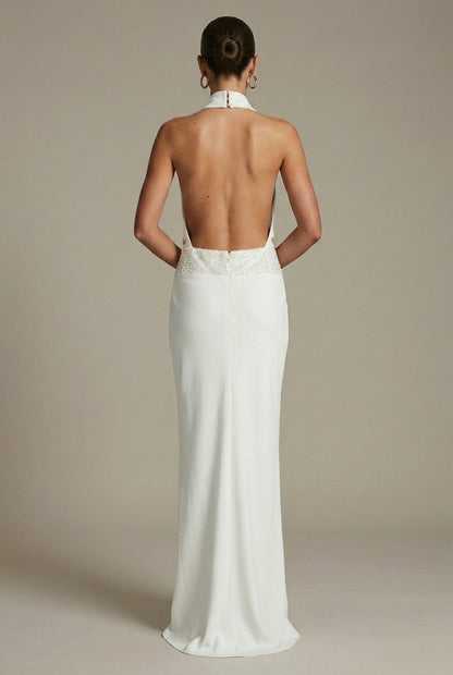 Femme Robe Longue Sans Manches col Halter Drapée avec Dos Nu et Perles
