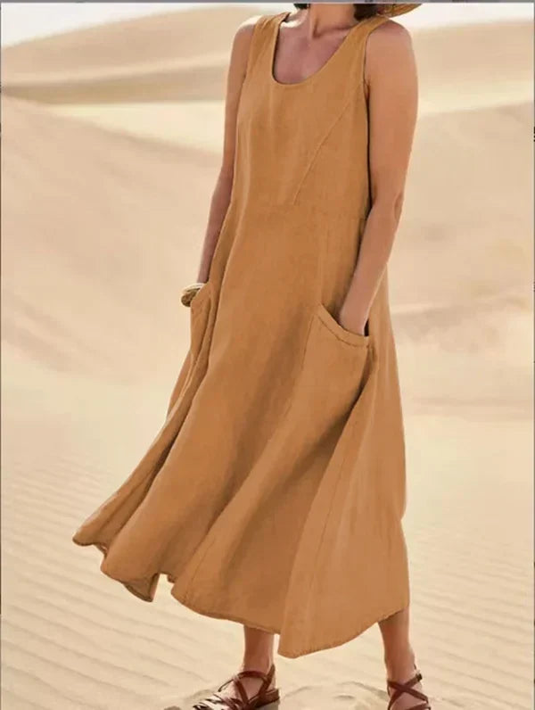 Femme Robe Longue sans Manches col Rond avec Poches