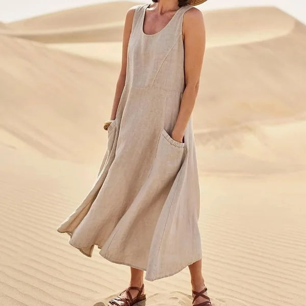 Femme Robe Longue sans Manches col Rond avec Poches