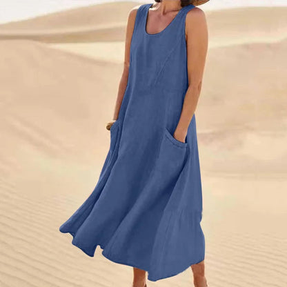 Femme Robe Longue sans Manches col Rond avec Poches