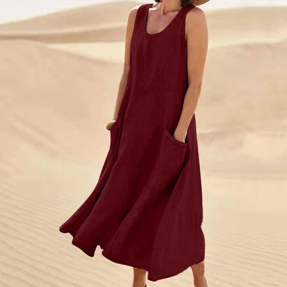 Femme Robe Longue sans Manches col Rond avec Poches