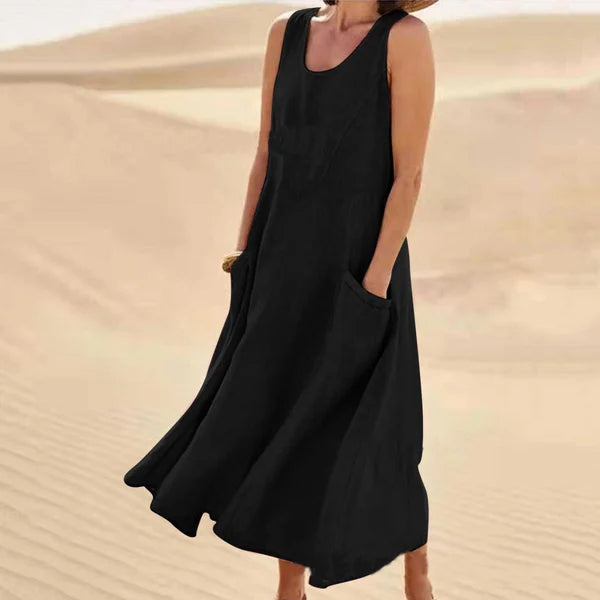 Femme Robe Longue sans Manches col Rond avec Poches