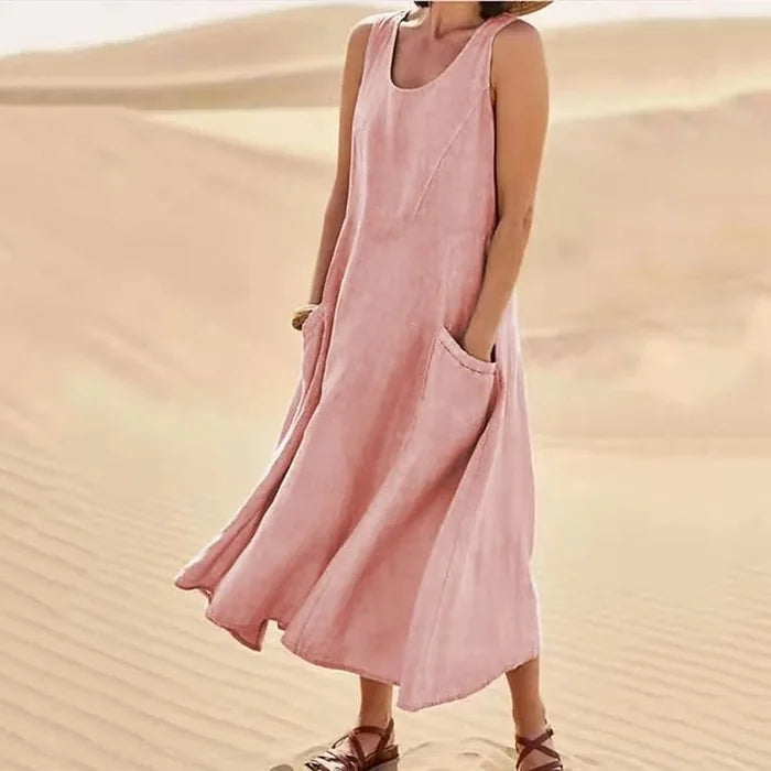 Femme Robe Longue sans Manches col Rond avec Poches