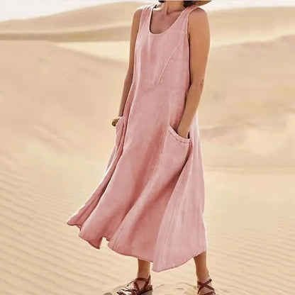 Femme Robe Longue sans Manches col Rond avec Poches