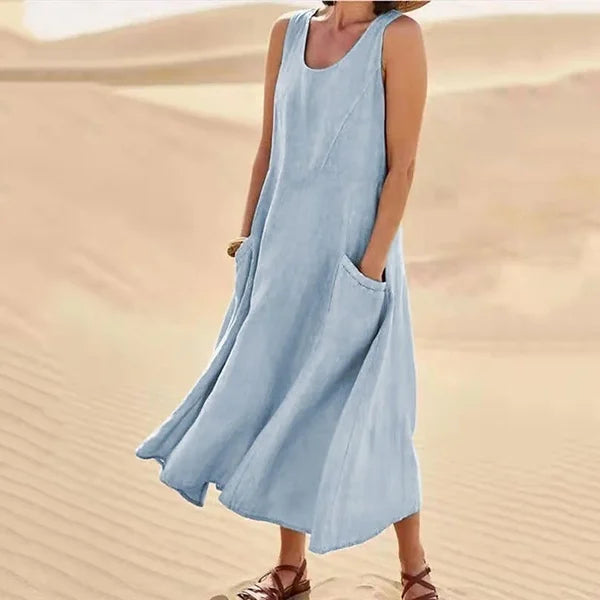 Femme Robe Longue sans Manches col Rond avec Poches