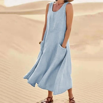 Femme Robe Longue sans Manches col Rond avec Poches