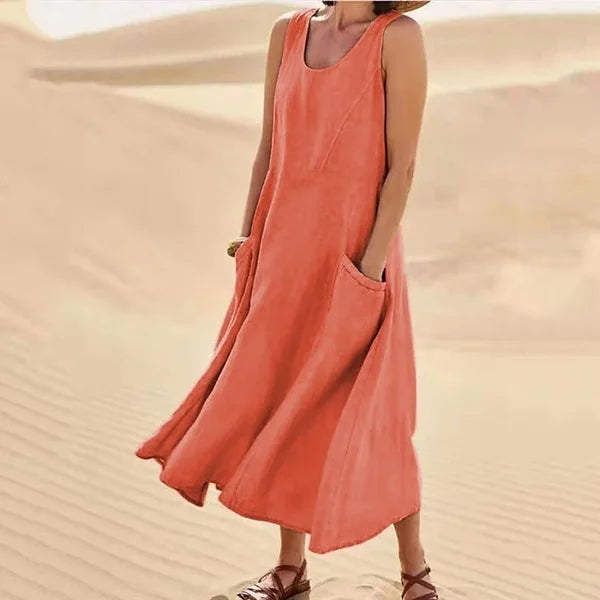 Femme Robe Longue sans Manches col Rond avec Poches
