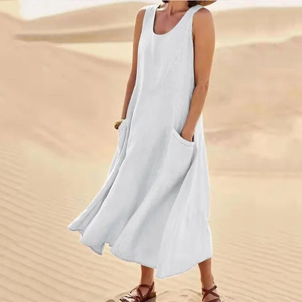 Femme Robe Longue sans Manches col Rond avec Poches