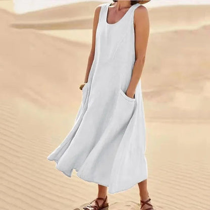 Femme Robe Longue sans Manches col Rond avec Poches