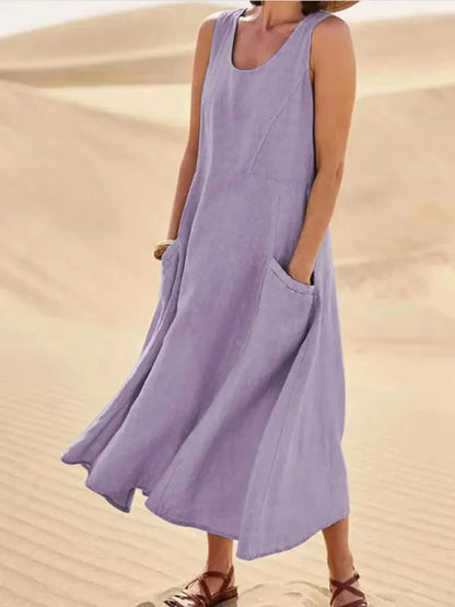 Femme Robe Longue sans Manches col Rond avec Poches