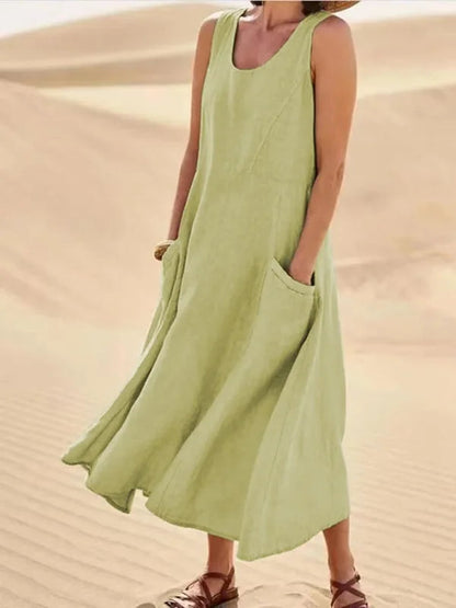 Femme Robe Longue sans Manches col Rond avec Poches