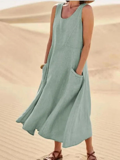 Femme Robe Longue sans Manches col Rond avec Poches