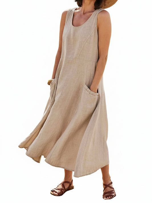 Femme Robe Longue Sans Manches col Rond avec Poches Oversize
