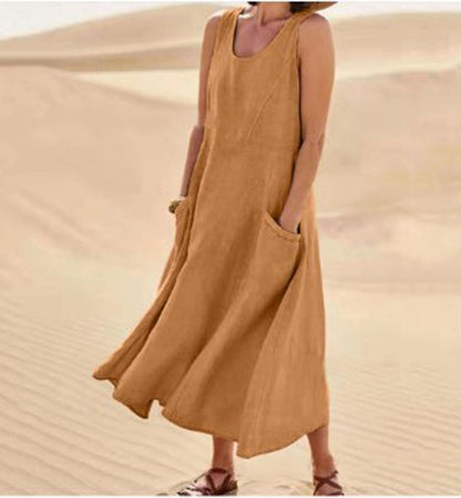 Femme Robe Longue Sans Manches col Rond avec Poches Oversize