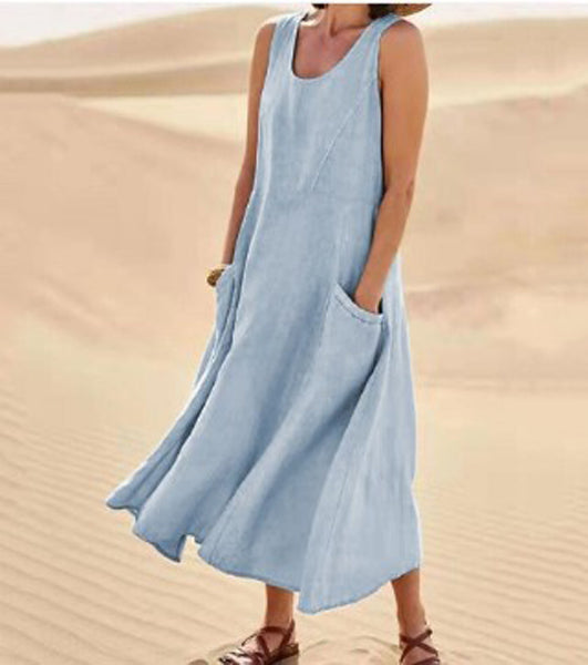 Femme Robe Longue Sans Manches col Rond avec Poches Oversize