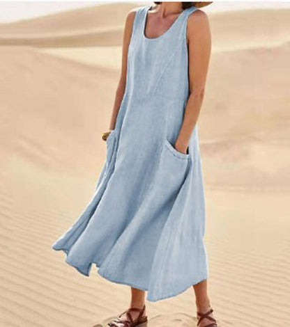 Femme Robe Longue Sans Manches col Rond avec Poches Oversize