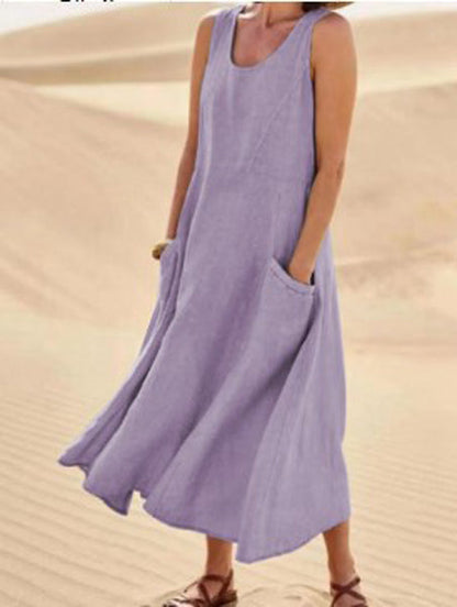 Femme Robe Longue Sans Manches col Rond avec Poches Oversize