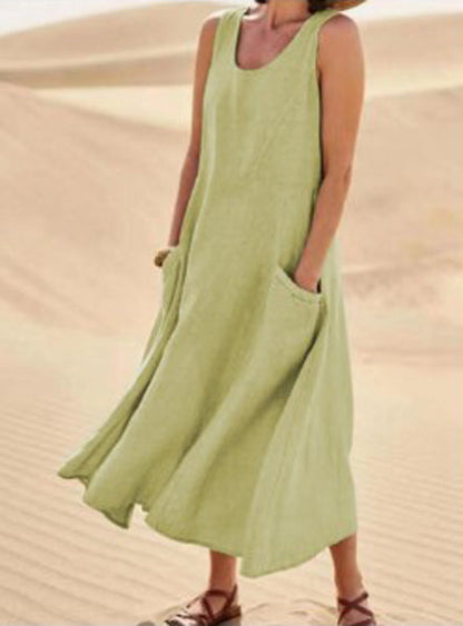 Femme Robe Longue Sans Manches col Rond avec Poches Oversize