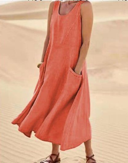 Femme Robe Longue Sans Manches col Rond avec Poches Oversize