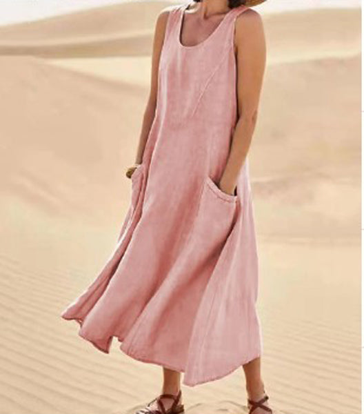 Femme Robe Longue Sans Manches col Rond avec Poches Oversize