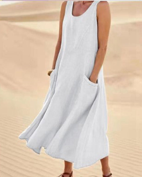 Femme Robe Longue Sans Manches col Rond avec Poches Oversize
