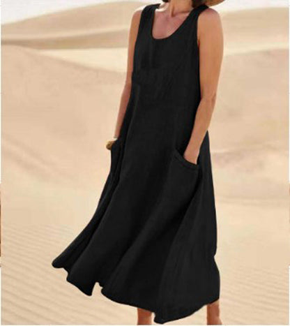 Femme Robe Longue Sans Manches col Rond avec Poches Oversize