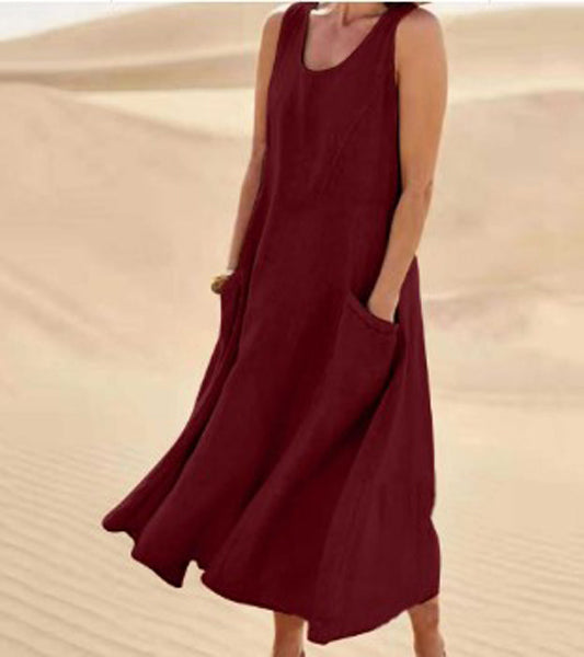 Femme Robe Longue Sans Manches col Rond avec Poches Oversize