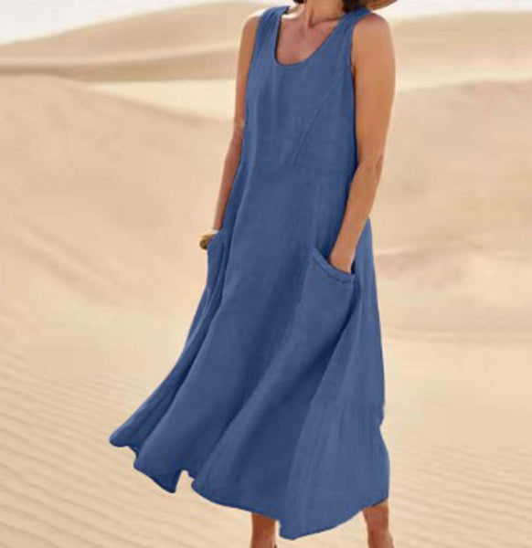 Femme Robe Longue Sans Manches col Rond avec Poches Oversize