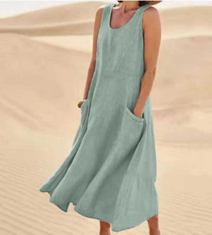 Femme Robe Longue Sans Manches col Rond avec Poches Oversize