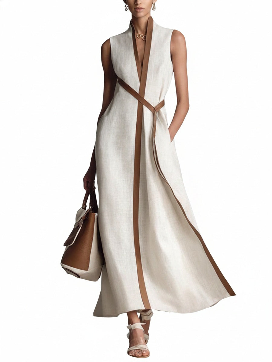 Femme Robe Longue Sans Manches col V avec Liseré Contrasté et Poches